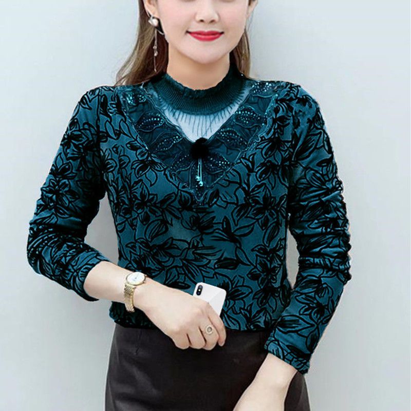 88437-春秋冬加绒长袖打底衫女装洋气减龄蕾丝领镂空显瘦遮肚妈妈装潮-详情图