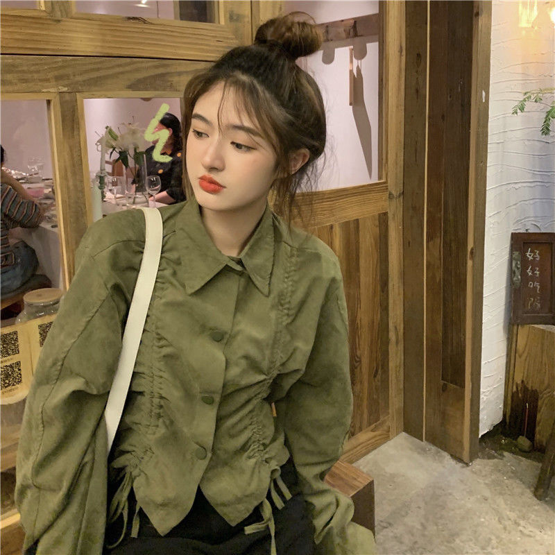 Design sense military green long-sleeved loose casual thin jacket women's spring  new all-match small jacket top trend