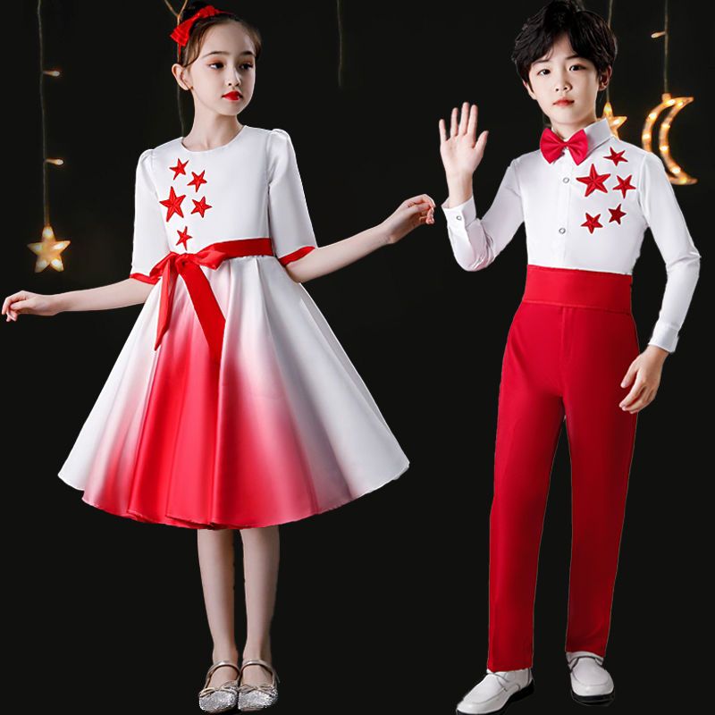 新款红歌儿童合唱演出服中小学生诗歌朗诵红星闪闪舞蹈表演服纱裙