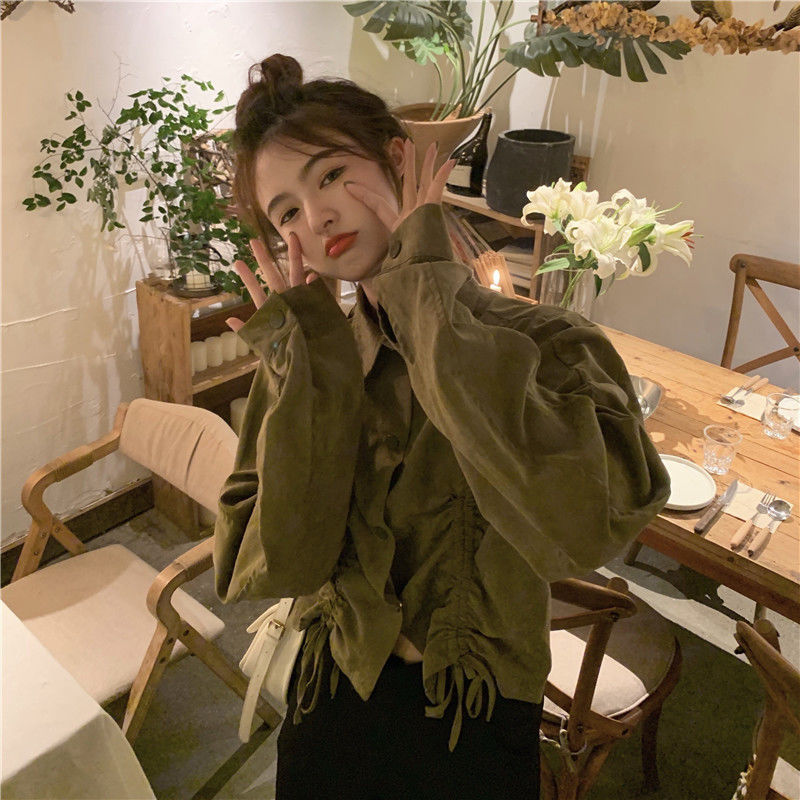 Design sense military green long-sleeved loose casual thin jacket women's spring  new all-match small jacket top trend