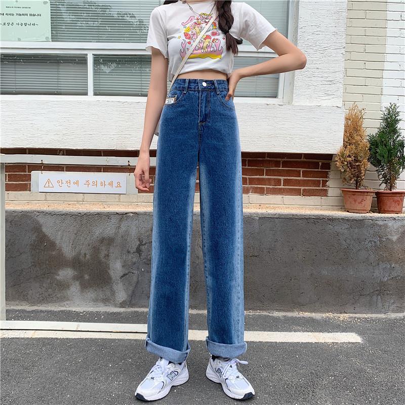 Autumn and winter large size fat MM black strappy jeans women's high waist loose and thin spring and autumn straight wide leg trousers