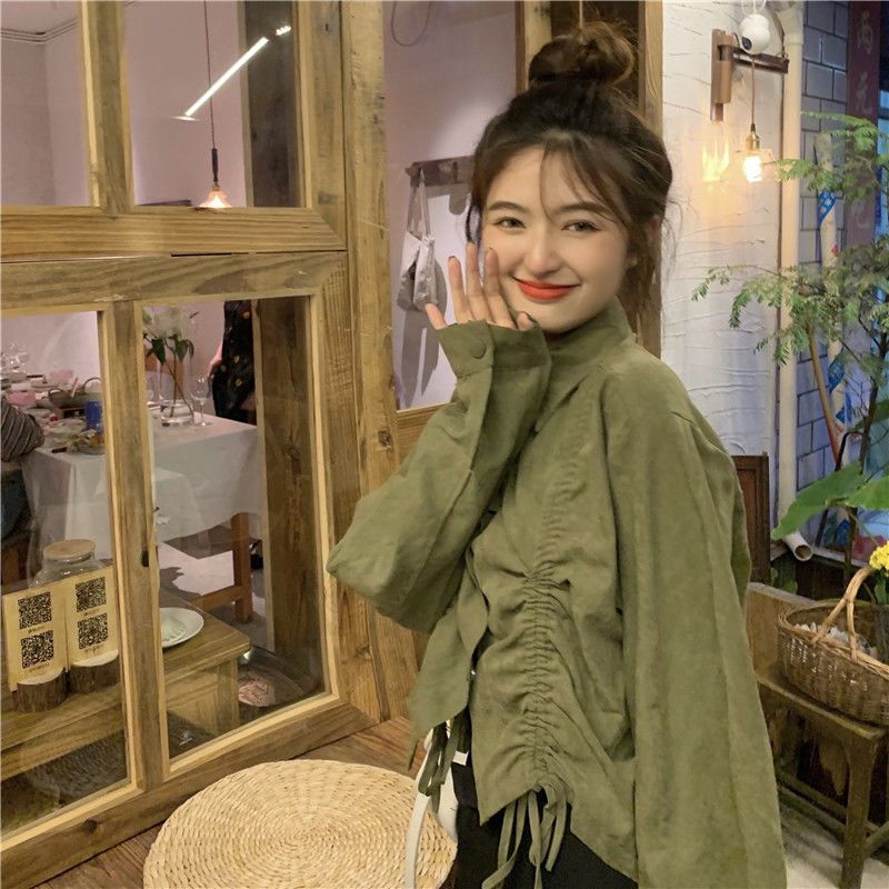 Design sense military green long-sleeved loose casual thin jacket women's spring  new all-match small jacket top trend