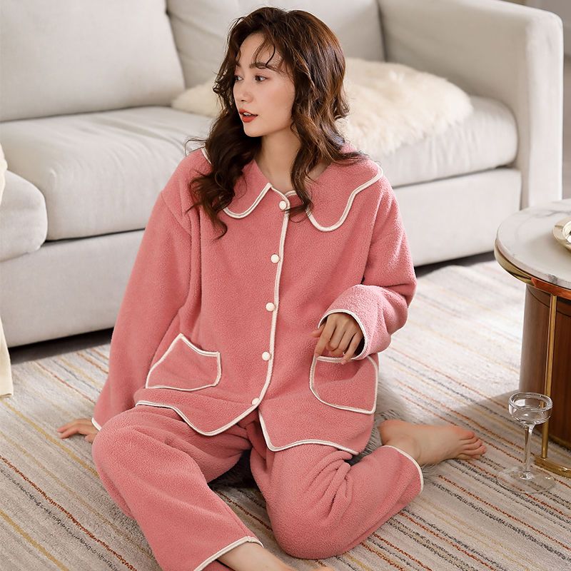 睡衣女士秋冬季珊瑚绒加厚款保暖长毛法兰杨梅绒家居服套装可外穿