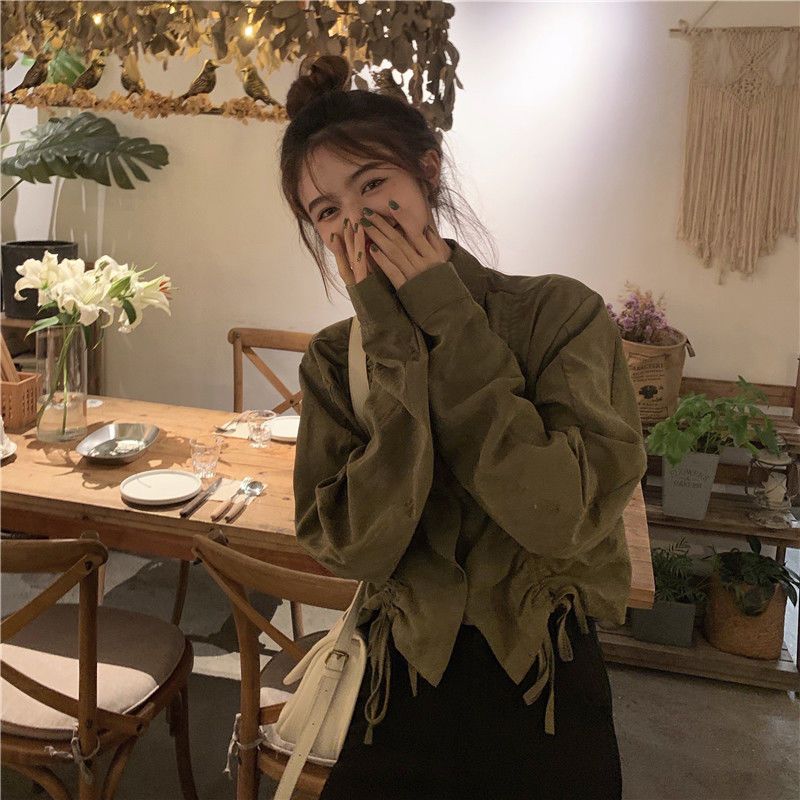 Design sense military green long-sleeved loose casual thin jacket women's spring  new all-match small jacket top trend