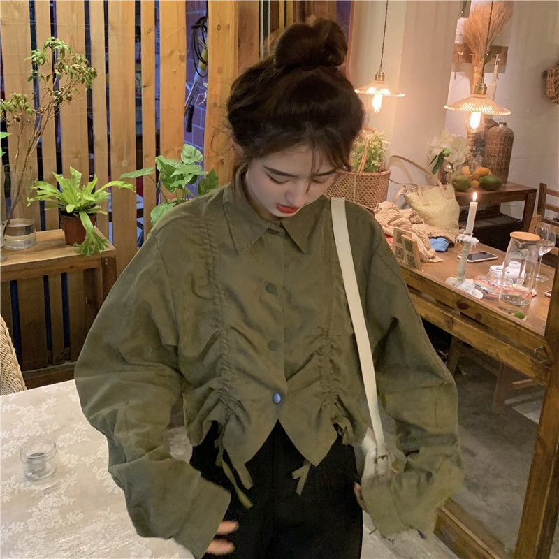 Design sense military green long-sleeved loose casual thin jacket women's spring  new all-match small jacket top trend