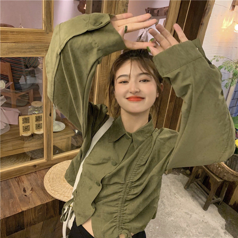 Design sense military green long-sleeved loose casual thin jacket women's spring  new all-match small jacket top trend