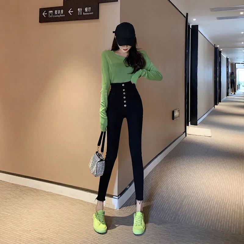 Super high waist jeans women's 2021 new autumn and winter slim fit all-match skinny elastic nine-point pencil pants