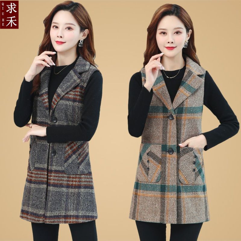 Spring and autumn plaid vest middle-aged and elderly women's clothing large size loose mother foreign style suit collar jacket mid-length waistcoat