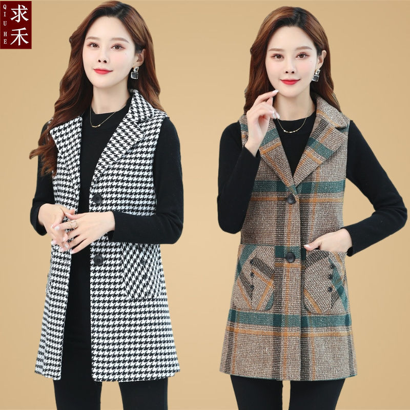 Spring and autumn plaid vest middle-aged and elderly women's clothing large size loose mother foreign style suit collar jacket mid-length waistcoat