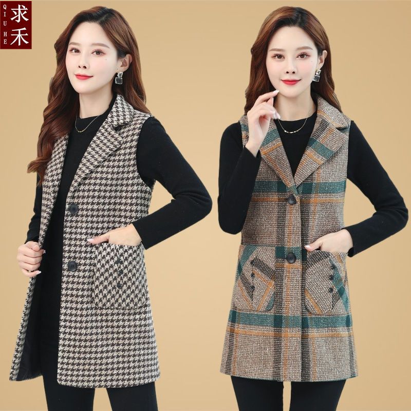 Middle-aged and elderly women's vest mid-length plaid vest 40 years old and 50 middle-aged mother autumn and winter vest waistcoat jacket
