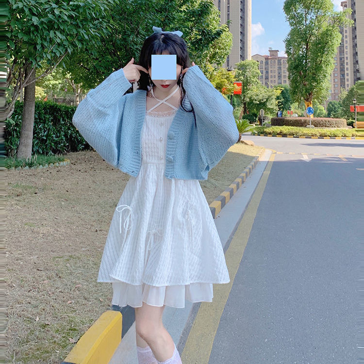 泡芙甜心針織開衫甜美公主裙蝴蝶結2022春秋新款白色吊帶連衣裙女