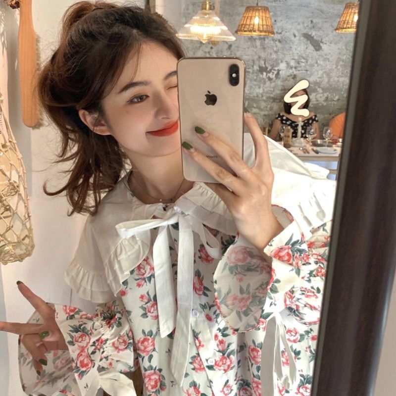 娃娃領碎花長袖襯衫女春季2023年新款設計感小眾韓系甜美別致上衣