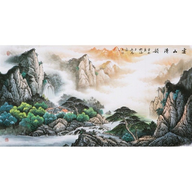 纯手绘六尺整张横幅曾刚写意青绿瀑布山水画名人字画中国书画