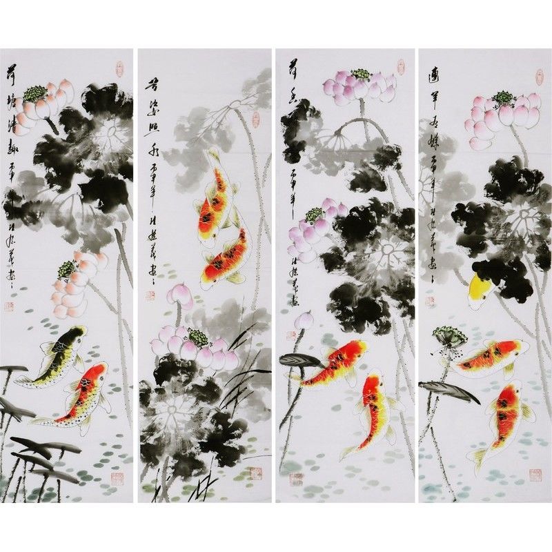 纯手绘四尺客厅写意花鸟荷花鲤鱼九鱼图四条屏名人字画中国画书画