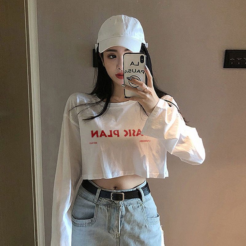 網紅短款長袖t恤女ins超火2023年新款早秋寬鬆韓版高腰露臍上衣潮