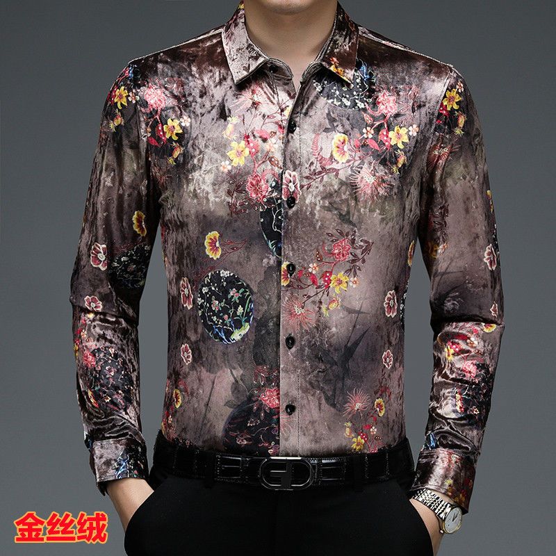 正品金丝绒秋款男士长袖衬衫爸爸装中年免烫抗皱宽松洋气花衬衣潮