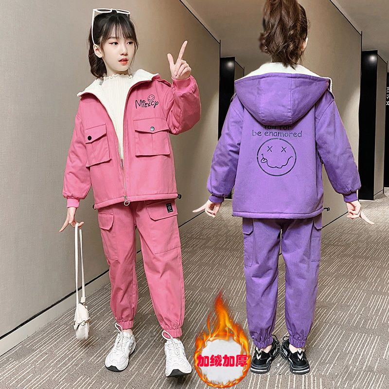 女童秋冬加絨套裝5-13歲女孩中大兒童加厚工裝兩件套冬裝棉衣洋氣