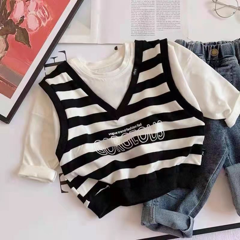 Japanese and Korean children's clothing boys autumn fake two-piece striped t-shirt 2023 new children's baby long-sleeved bottoming shirt sweater