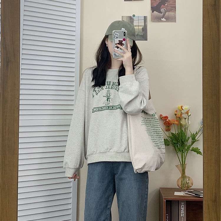 88862-秋冬季灰色卫衣女春薄款2021年新款圆领宽松韩风字母印花长袖上衣-详情图