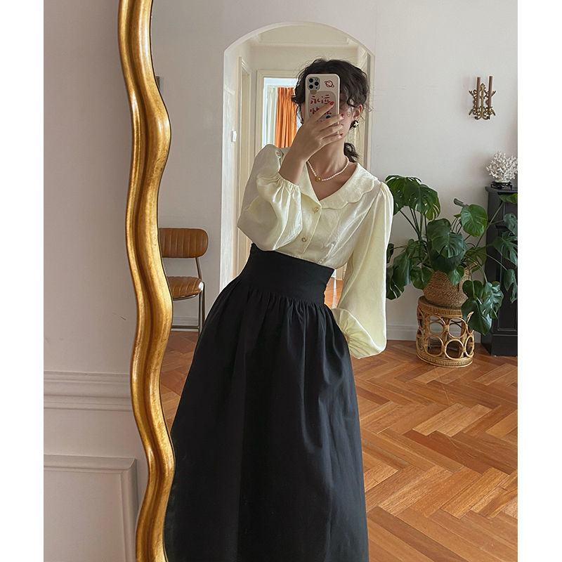 Autumn suit for women  new French palace style retro shirt + versatile mid-length waist shaping A-line skirt