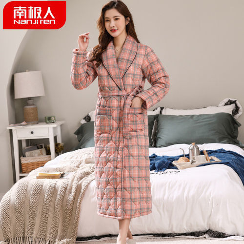 S-5XL高档长款睡袍女士秋冬季纯棉长袖加厚三层夹棉保暖高端睡衣