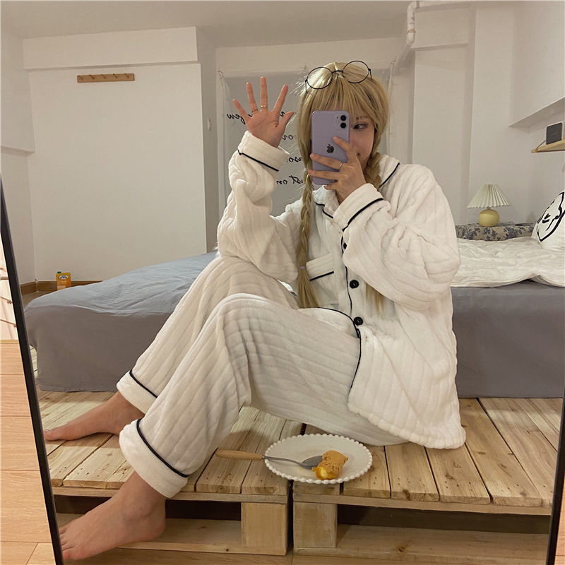 高檔睡衣女士珊瑚絨秋冬季加厚加絨可愛外出法蘭絨家居服冬天套裝