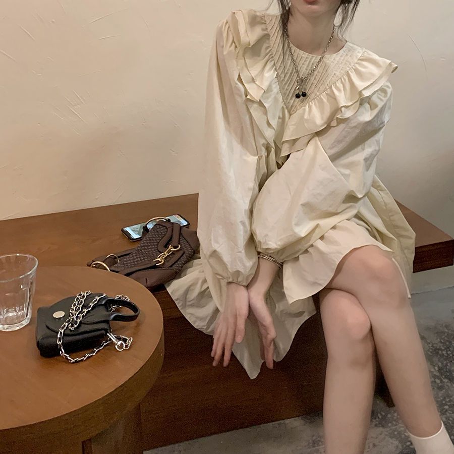 Korean Girl Spring  Retro Cute Casual French Retro Puff Sleeve Dress Elegant Skirt Women
