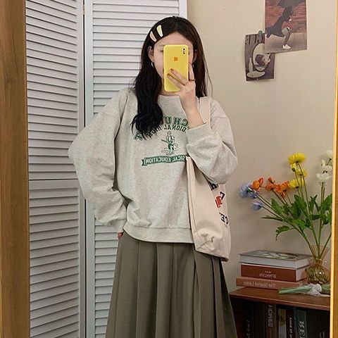88862-秋冬季灰色卫衣女春薄款2021年新款圆领宽松韩风字母印花长袖上衣-详情图