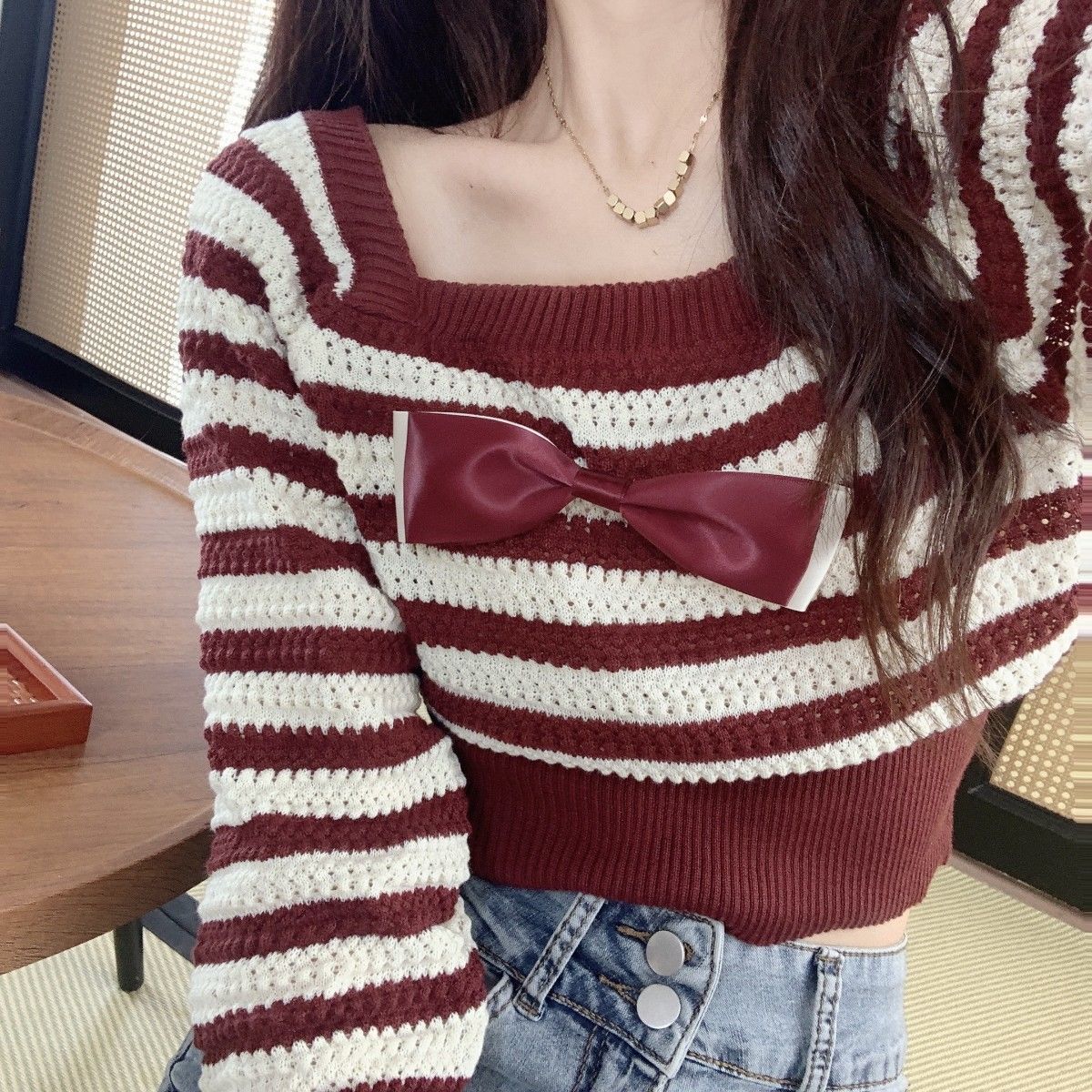 Western style all-match striped long-sleeved top women's autumn new slim-fit short waist bottoming knitted sweater sweater