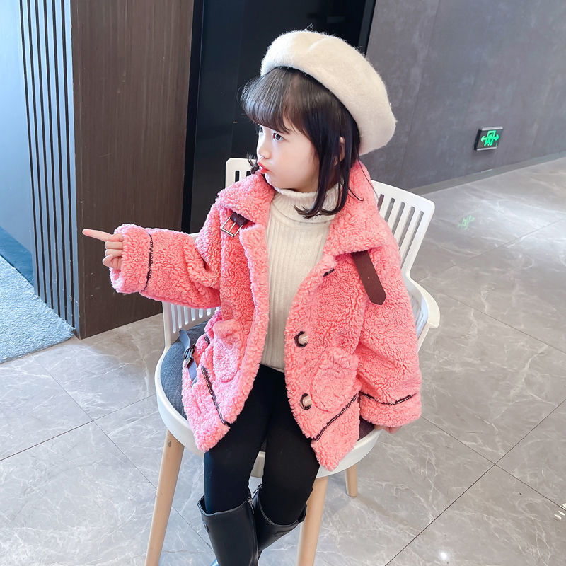 Girls Autumn and Winter Wool Sweater Jacket 2022 New Children's Western Style Korean Style Baby Girl Lamb Plush Thickened Top
