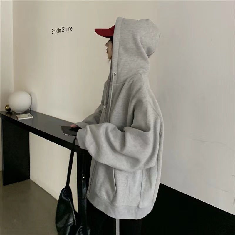 88701-纯色韩版通勤卫衣女oversize灰色连帽卫衣拉链外套女ins潮上衣-详情图