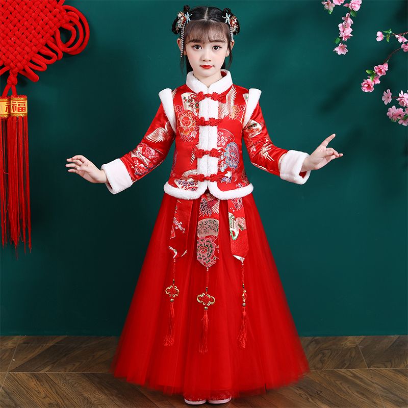 拜年服女童秋冬裝2022新款冬季加絨公主裙中國風兒童古裝超仙旗袍
