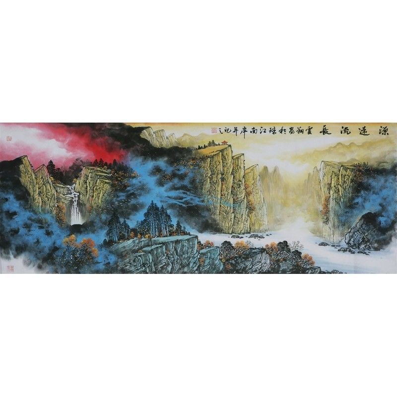 纯手绘六尺横幅施云翔写意泼墨重彩山水画名人字画国画书画