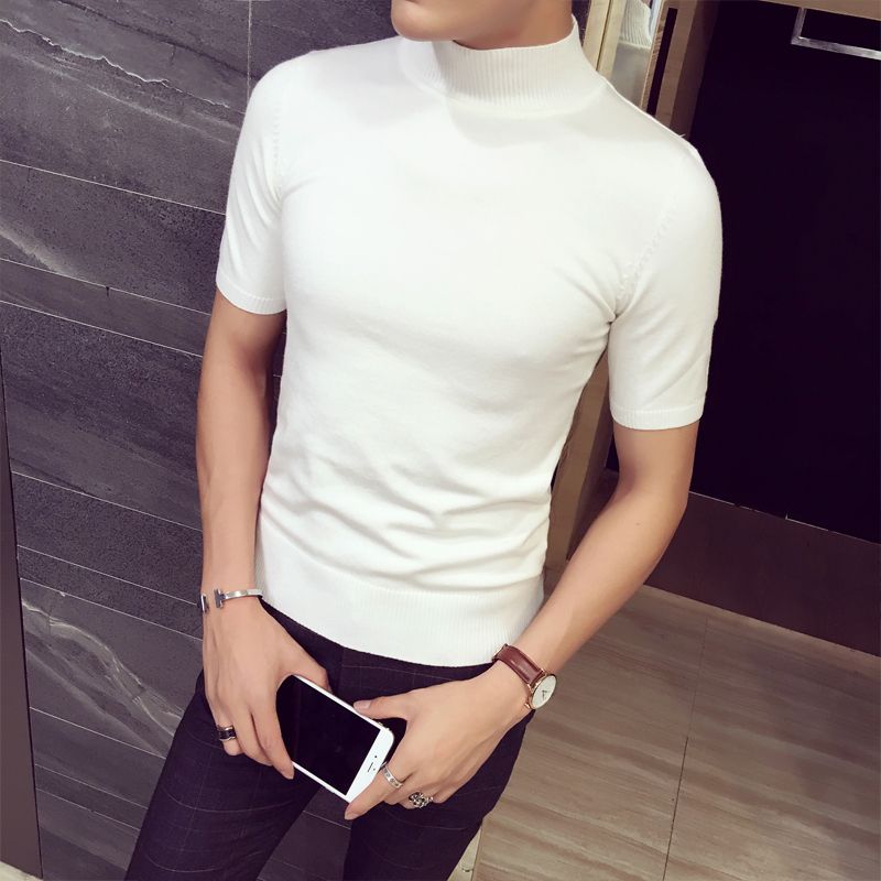 Spring and autumn half-high collar bottoming shirt sweater men's short-sleeved sweater Korean version t-shirt solid color half-sleeve sweater