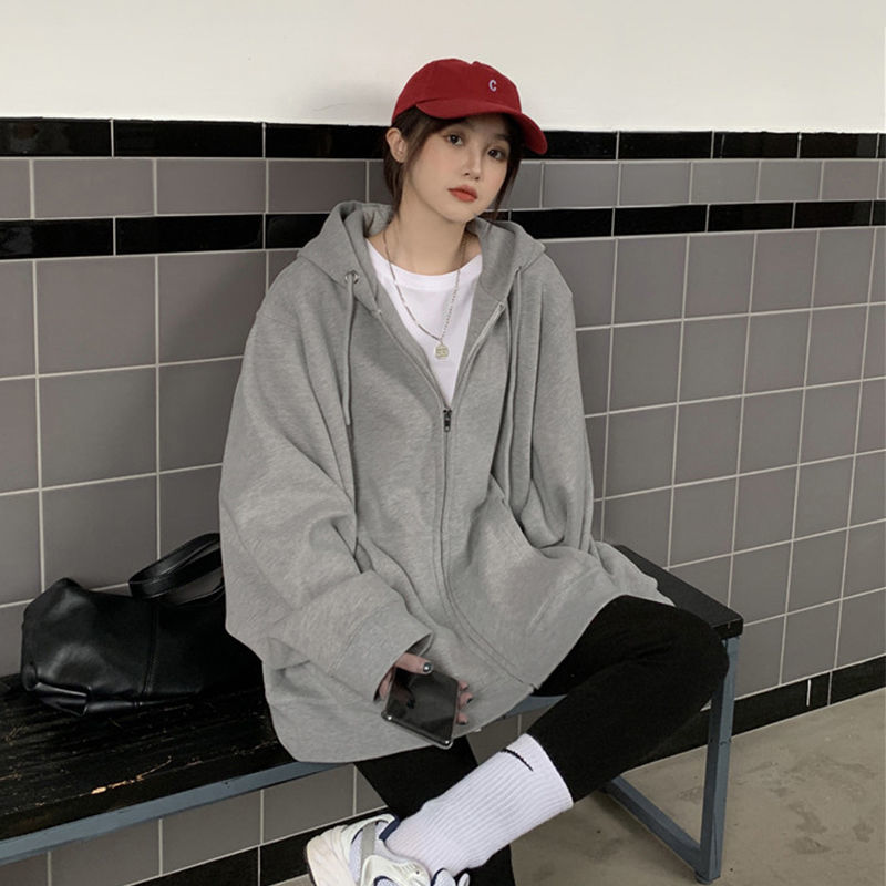88701-纯色韩版通勤卫衣女oversize灰色连帽卫衣拉链外套女ins潮上衣-详情图
