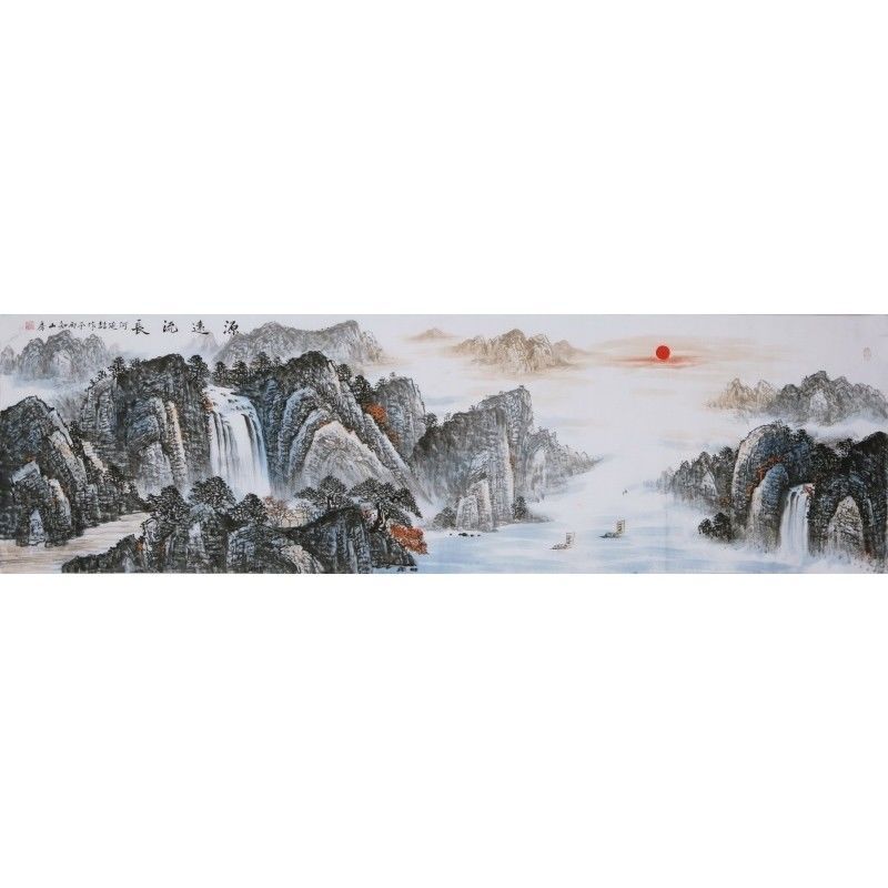 纯手绘八尺对开横幅办公室写意源远流长山水画名人字画中国画书画