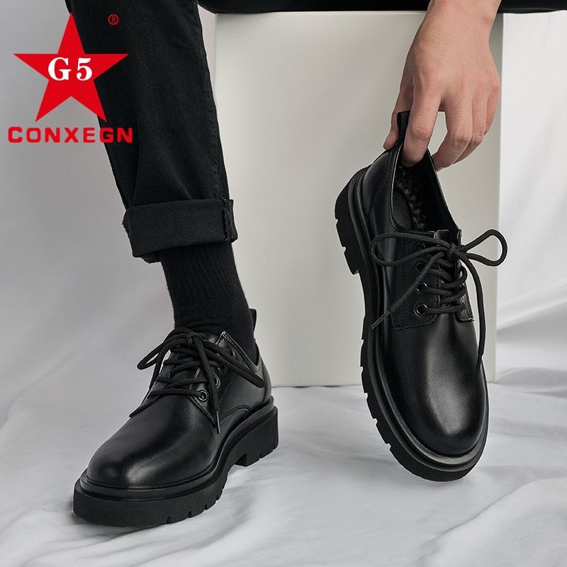 G5 CONXEGN春秋季小皮鞋男士英倫商務正裝韓版大頭真皮低幫馬丁鞋