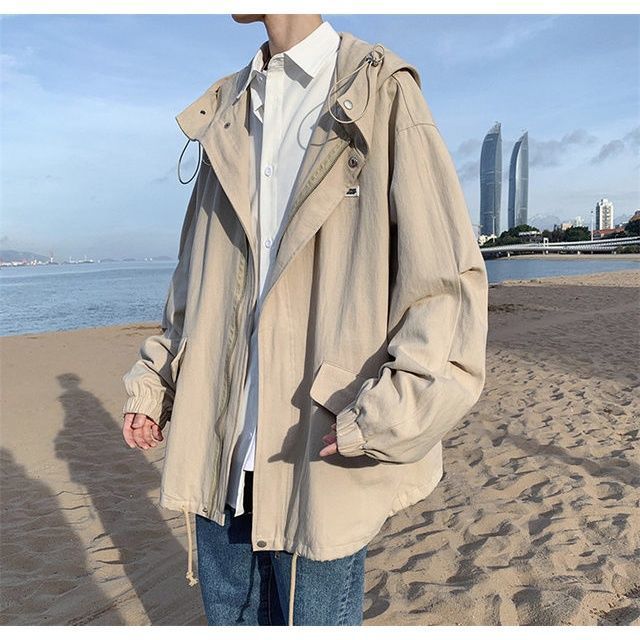 Japanese workwear jacket men's drawstring hooded top spring new youth all-match trendy brand loose sports jacket