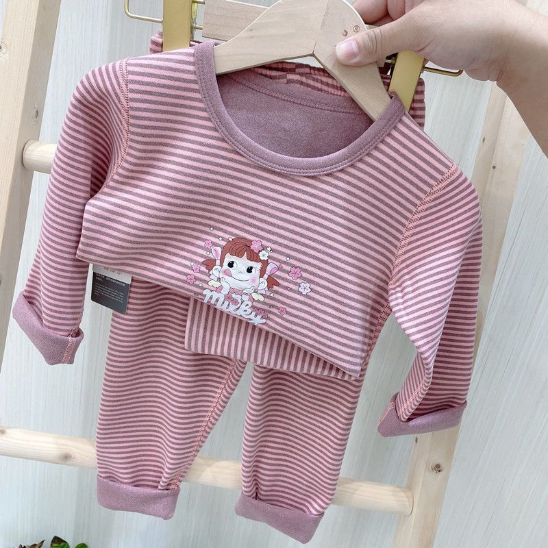 2023 autumn and winter new style Derongle color strip constant temperature self-heating home clothes autumn clothes and long johns bottoming clothes for children