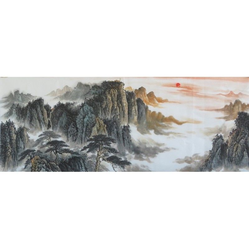 纯手绘小六尺横幅客厅写意泰山日出山水画名人字画国画中国书画