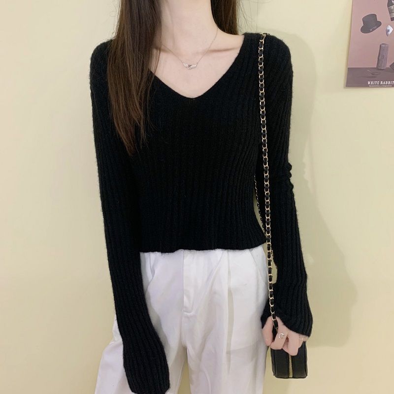 Pink knitted sweater women's spring and autumn thin bottoming shirt  new long-sleeved v-neck short top