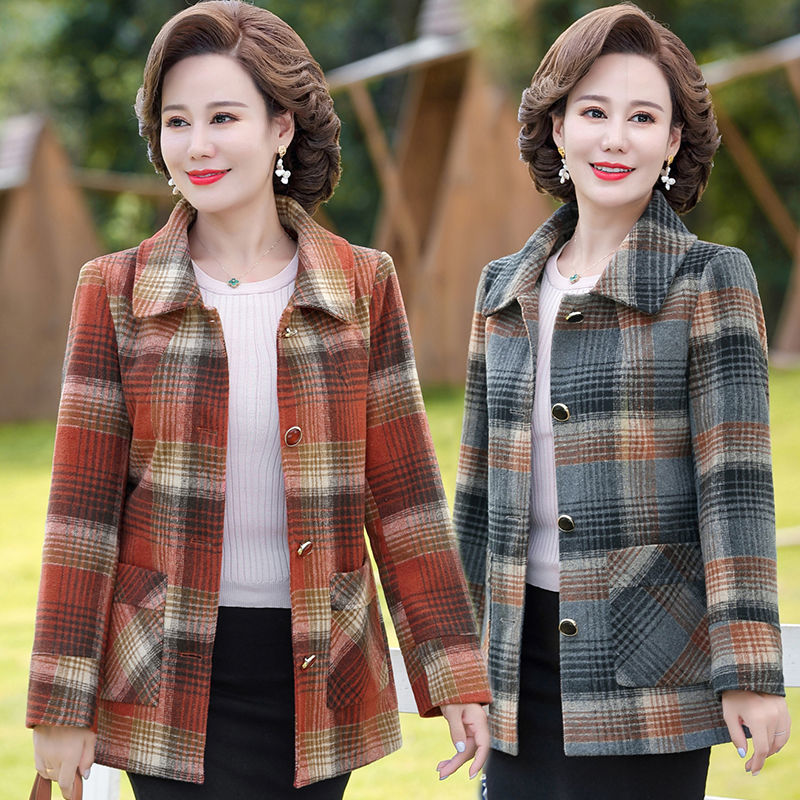 妈妈秋装外套短款40岁50中年妇女格子小西装中老年女春秋风衣洋气