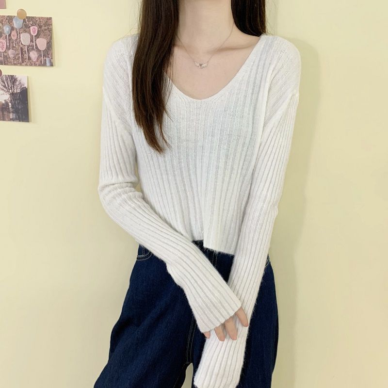 Pink knitted sweater women's spring and autumn thin bottoming shirt  new long-sleeved v-neck short top