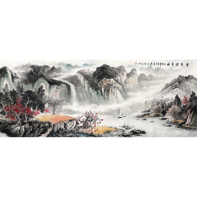 手绘真迹小六尺横幅客厅写意云壑飞瀑图山水画名人字画国画书画