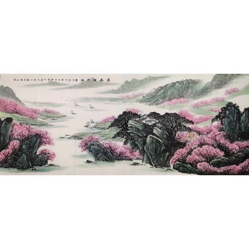 纯手绘八尺横幅客厅书房写意江南春景桃花山水画名人字画国画书画