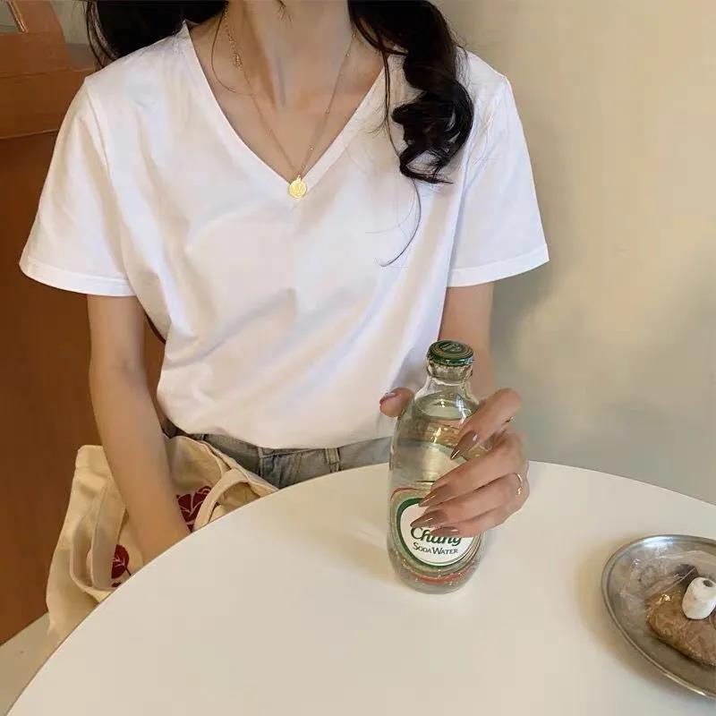 纯棉白色t恤女短袖ins超火夏季新款韩版宽松学生纯色v领上衣