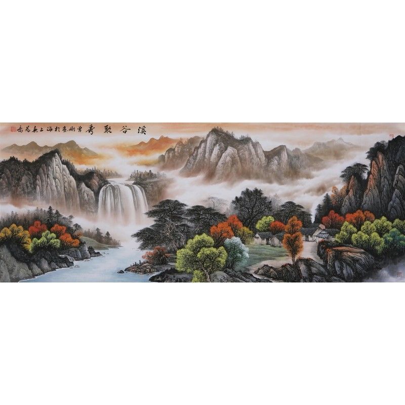 纯手绘八尺横幅曾刚写意瀑布福地安居山水画名人字画国画书画