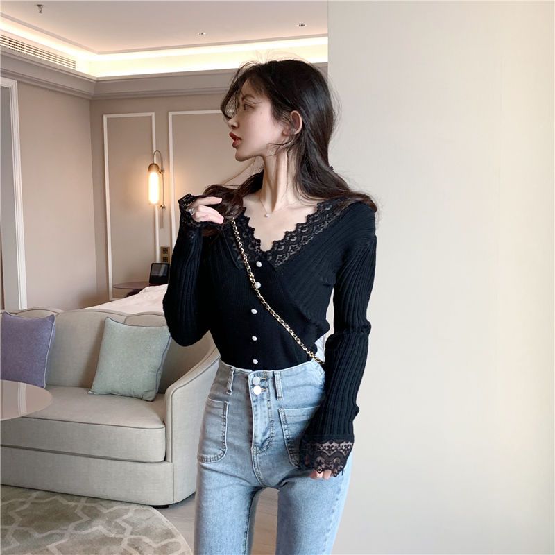 Autumn  new slim-fit all-match lace stitching V-neck with solid color thin knitted bottoming shirt for women