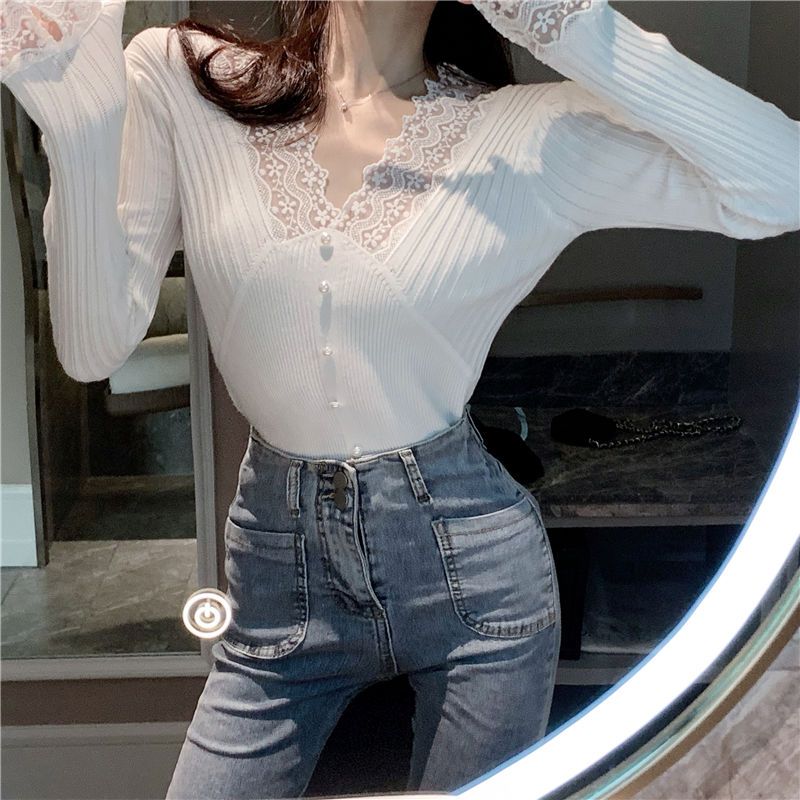 Autumn  new slim-fit all-match lace stitching V-neck with solid color thin knitted bottoming shirt for women