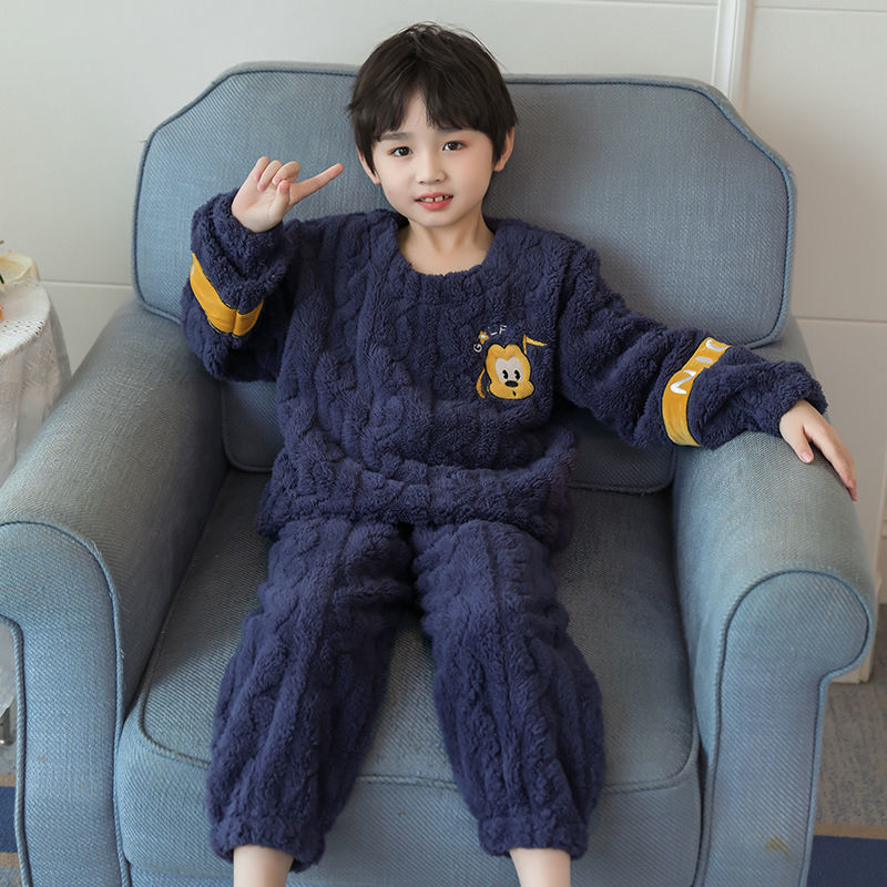 兒童睡衣男孩女童秋冬款加厚珊瑚絨大童小孩寬鬆法蘭絨家居服套裝